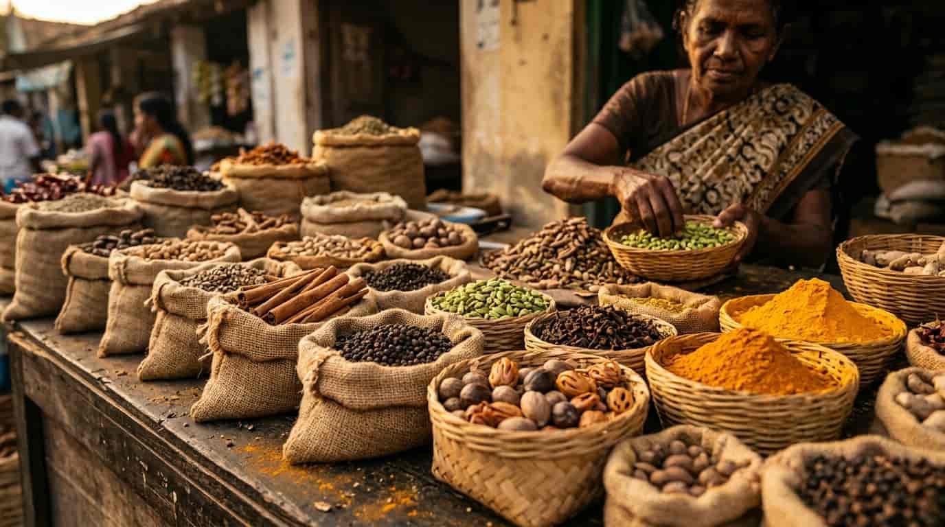 Sri Lankan spice market with Ceylon cinnamon, cardamom and other spices